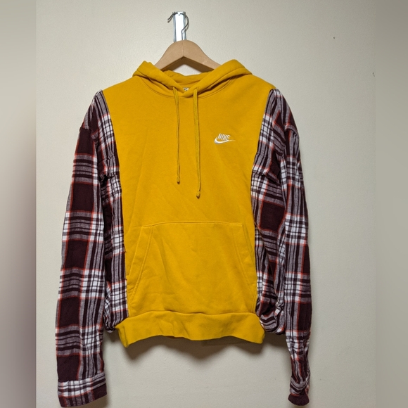 Upcycled Hoodie – Bold Yellow & Red Plaid (Oversized Small) - Picture 1 of 10